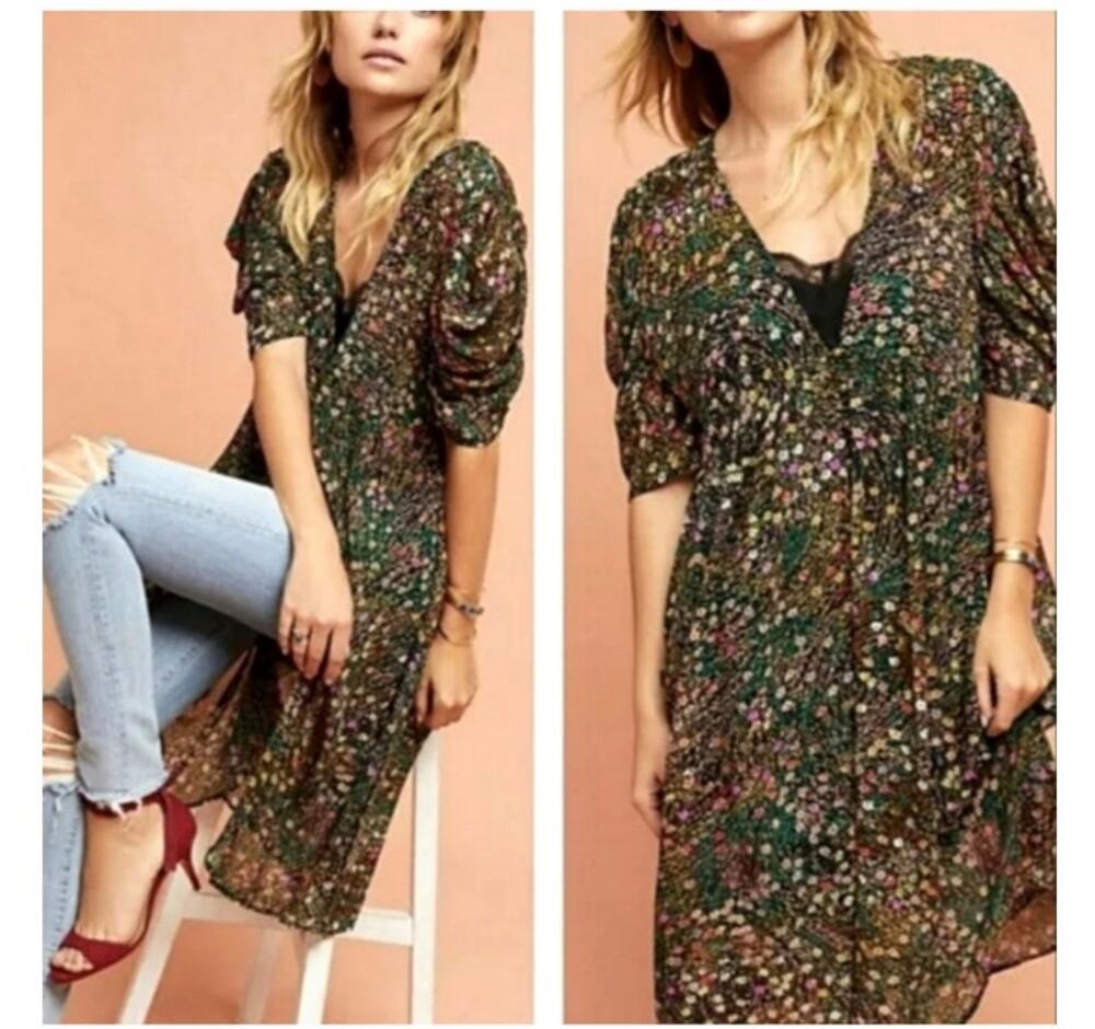 Akemi Kin Anthropologie Valencia Floral Tunic Dress XS Black Boho Sheer